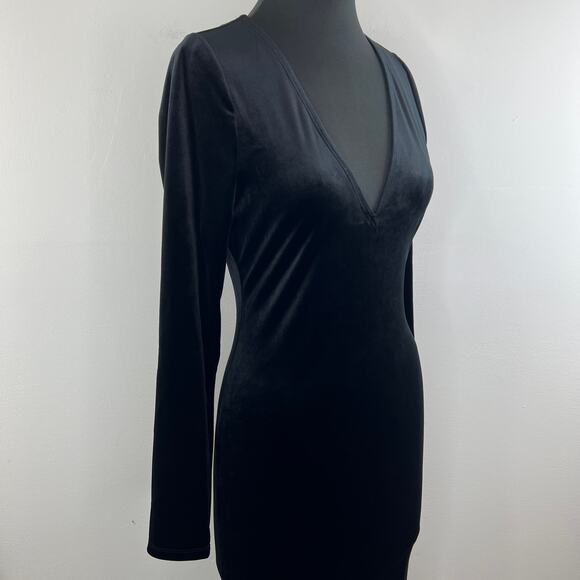 Good American Black Velvet Plunge V-Neck Long Sleeve Bodycon Midi Dress Sz 2 NEW - Picture 6 of 11
